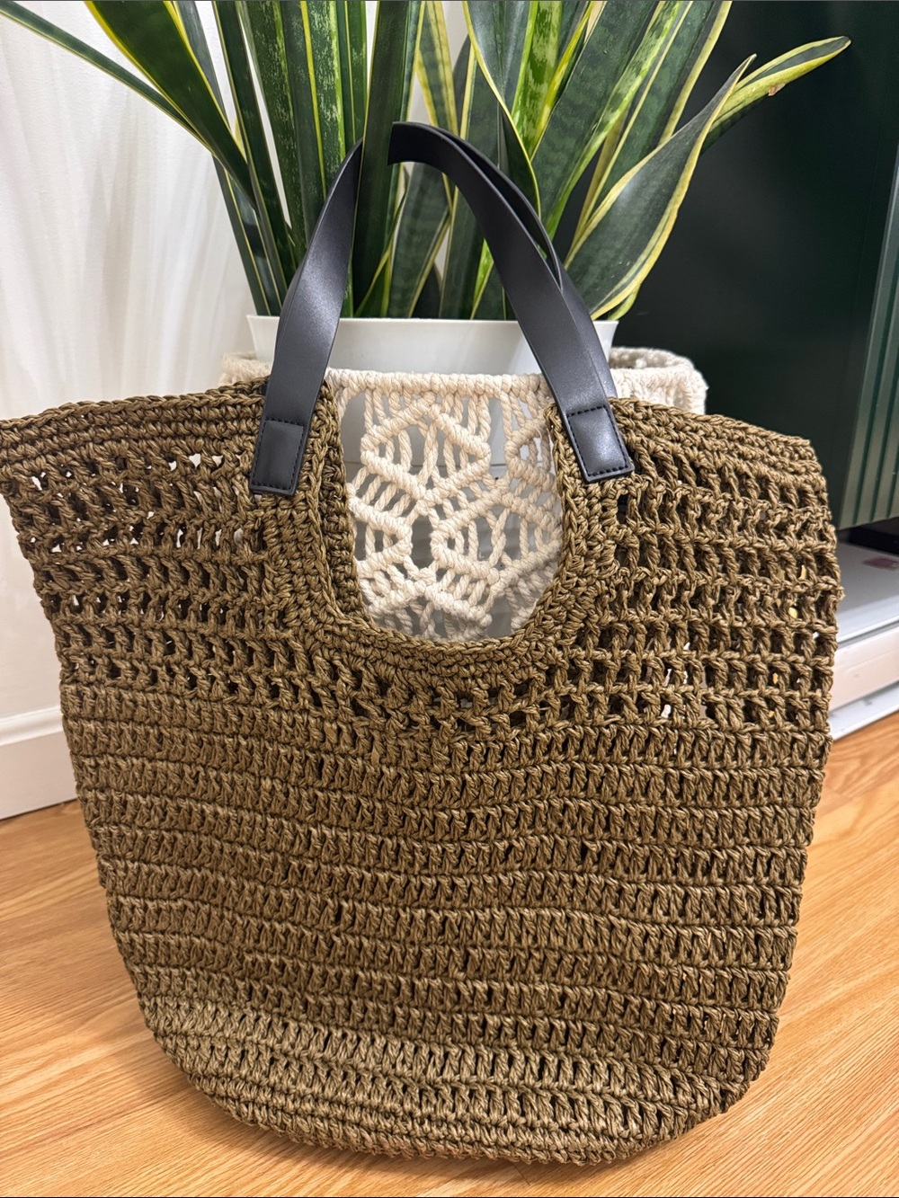 Banana Republic Olive Brown Woven Tote with Black Handles